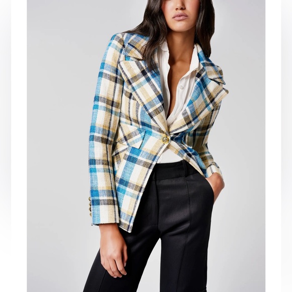 NEW Smythe Cut-Away Blazer Summer Plaid Linen Cotton Size 6 - Picture 1 of 12
